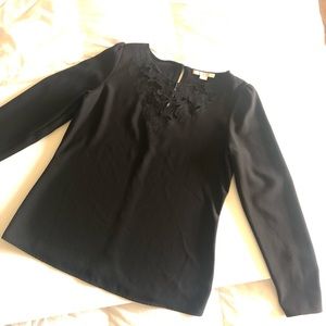Black Long Sleeve Top, Flower Buttons - M